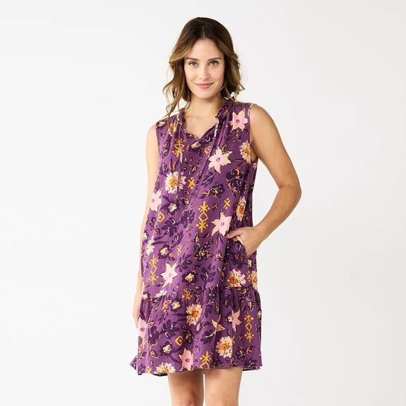 Sonoma Purple Floral Linen Blend Tiered Dress w/Pockets Size 2X 18 20 Plus New - Picture 1 of 9